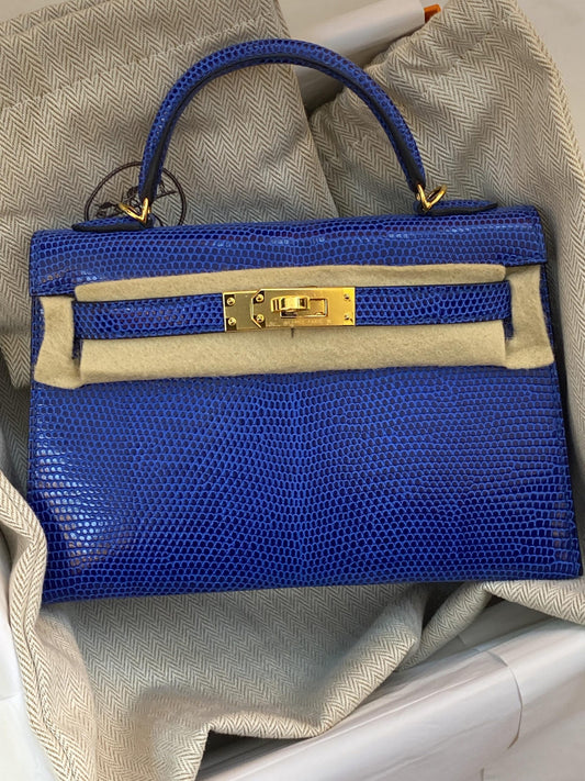 KELLY MINI 20 LIZARD NILOTICUS BLEU SAPHIRE WITH GOLD HARDWARE