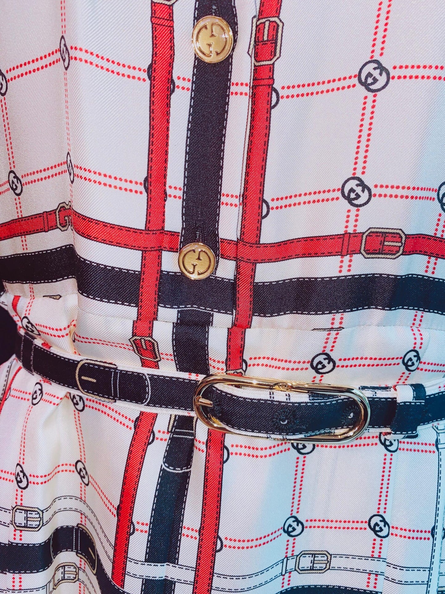 IVORY GG BELT PRINT SILK TWILL DRESS