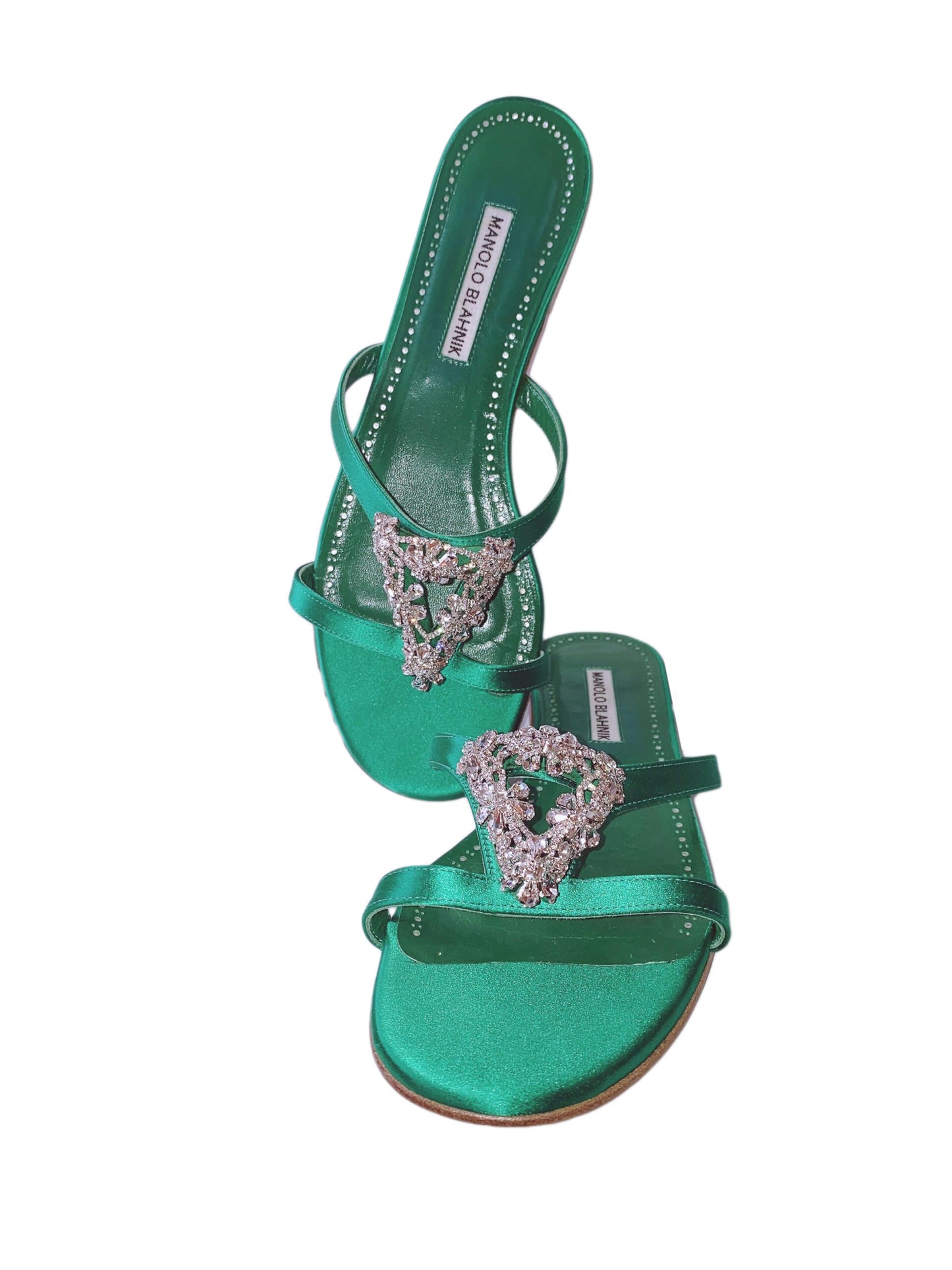 GREEN SATIN TRINAMOOL TRIANGULAR EMBELLISHED FLAT MULES