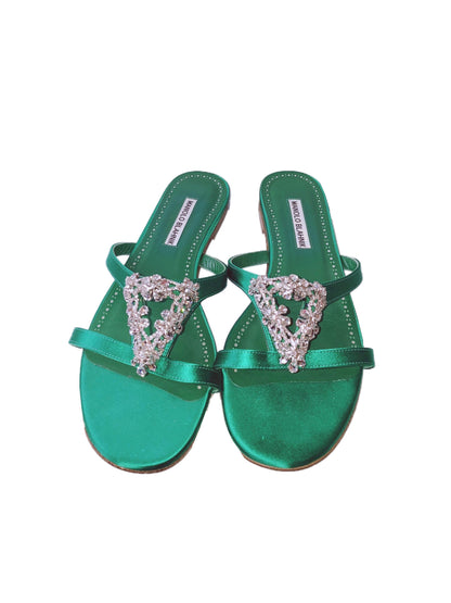 GREEN SATIN TRINAMOOL TRIANGULAR EMBELLISHED FLAT MULES
