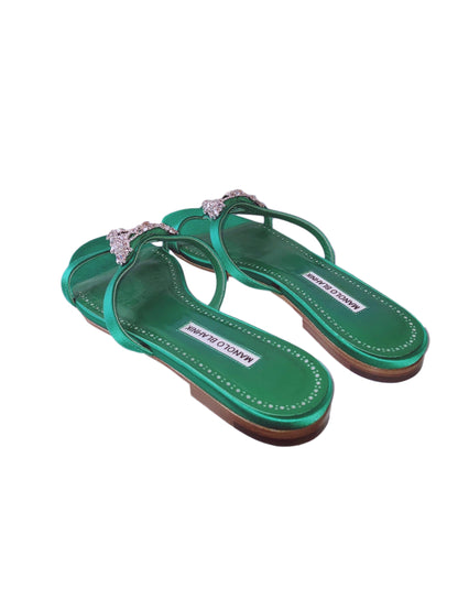 GREEN SATIN TRINAMOOL TRIANGULAR EMBELLISHED FLAT MULES