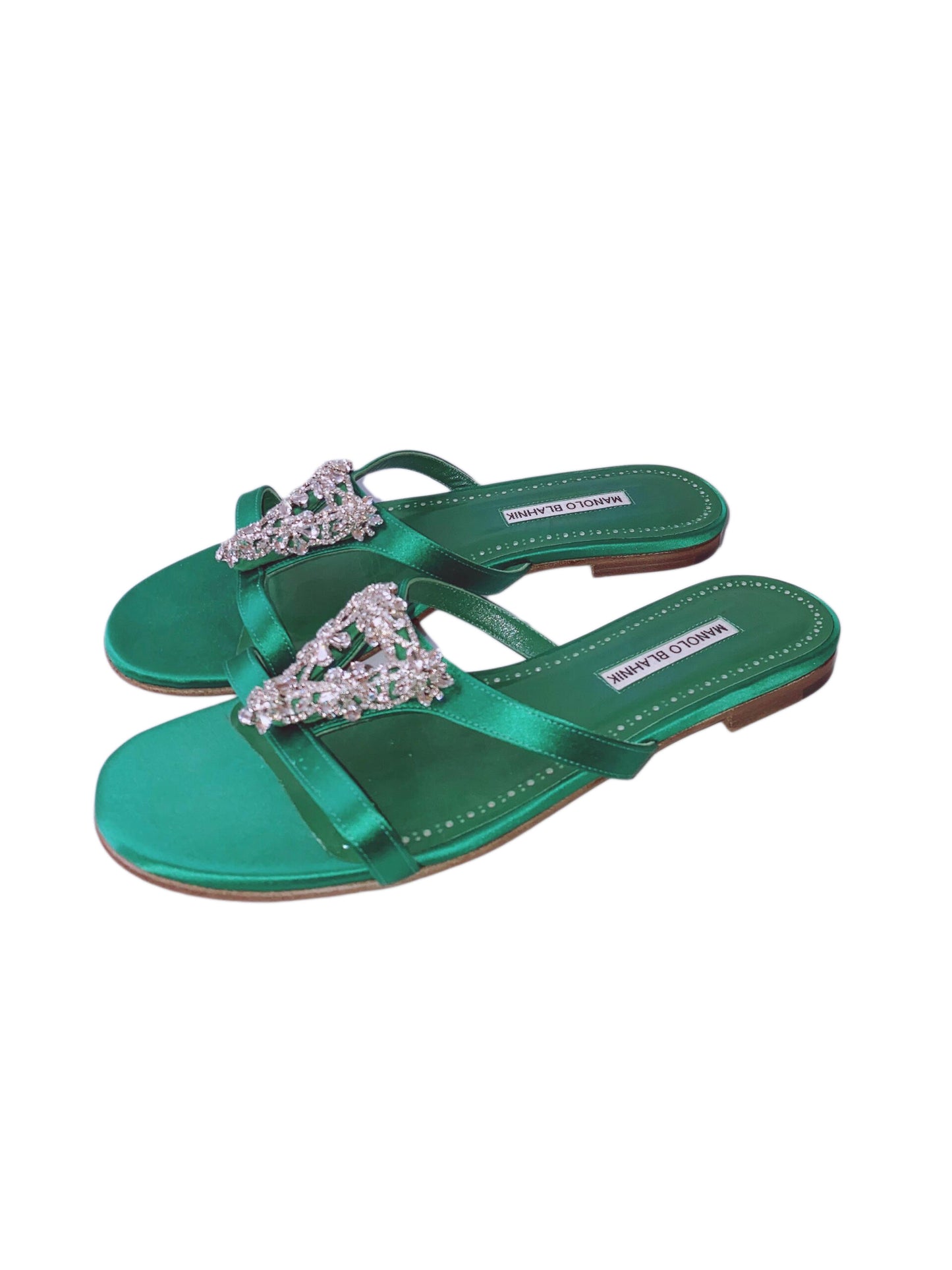 GREEN SATIN TRINAMOOL TRIANGULAR EMBELLISHED FLAT MULES