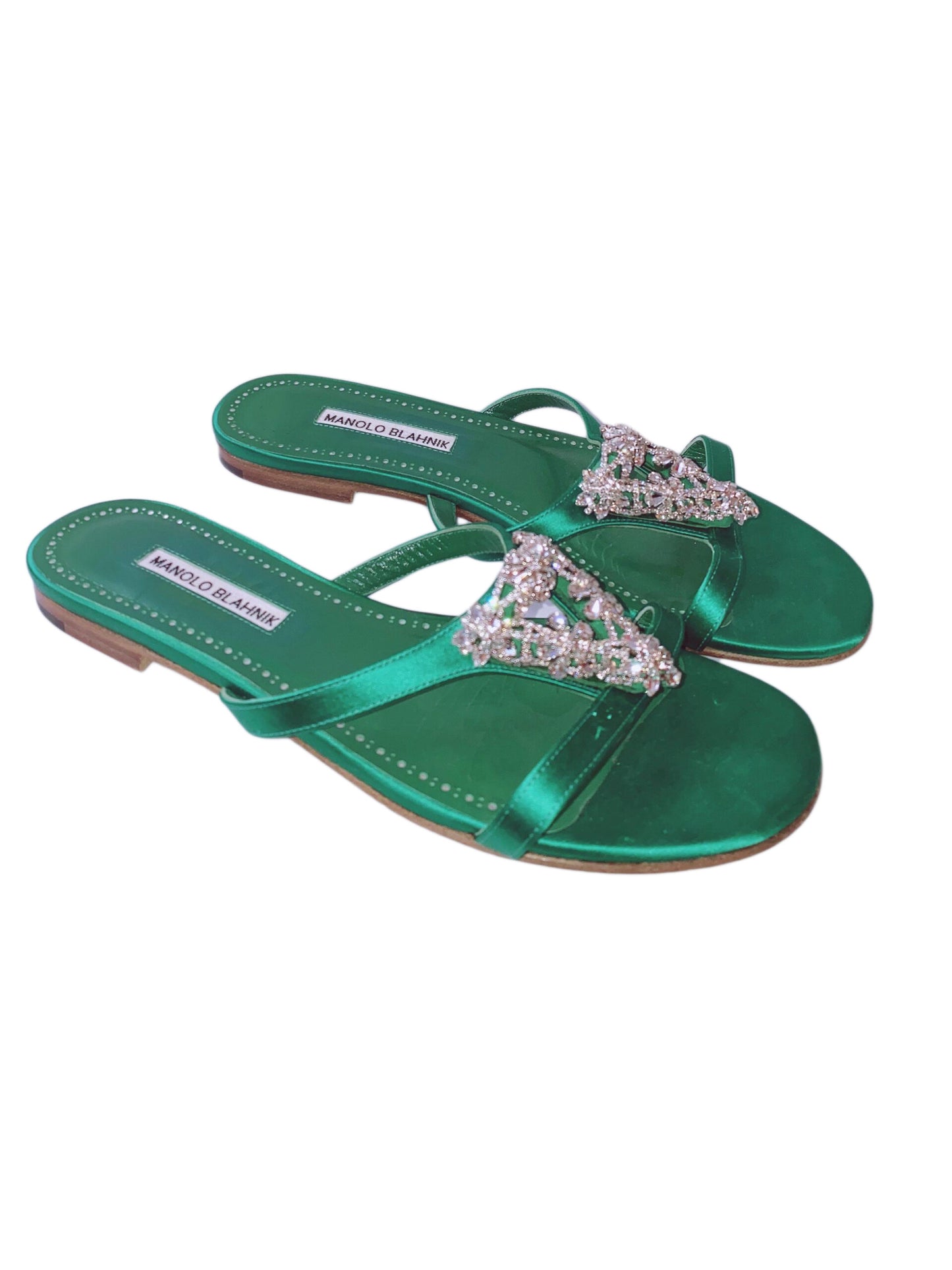 GREEN SATIN TRINAMOOL TRIANGULAR EMBELLISHED FLAT MULES