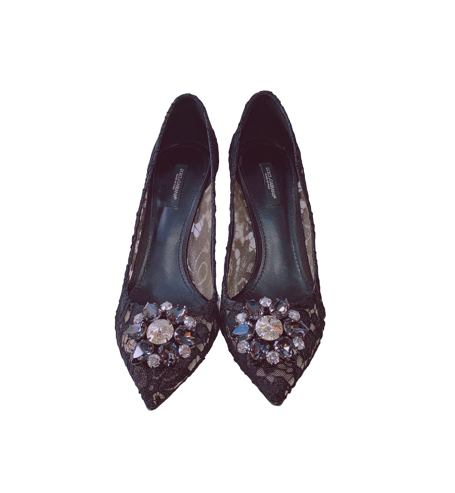 BLACK BELLUCCI CRYSTAL LACE PUMPS 39.5