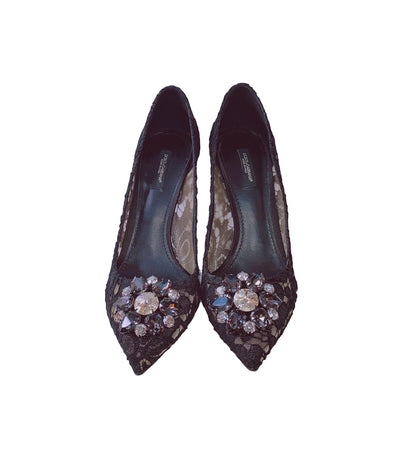 BLACK BELLUCCI CRYSTAL LACE PUMPS 39.5