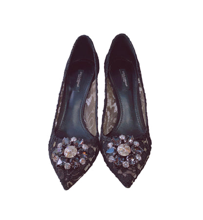 BLACK BELLUCCI CRYSTAL LACE PUMPS 39.5