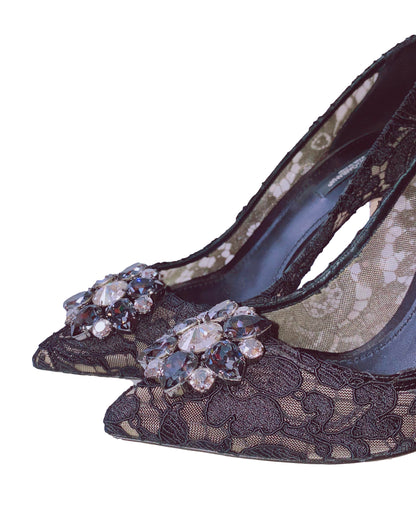 BLACK BELLUCCI CRYSTAL LACE PUMPS 39.5