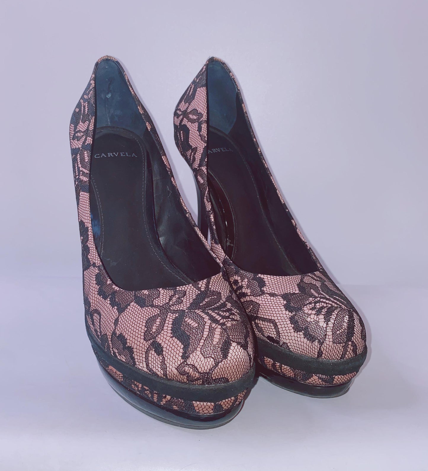 BLACK/PINK LACE LOOK HIGH HEELS