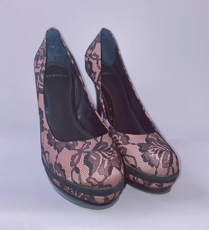 BLACK/PINK LACE LOOK HIGH HEELS