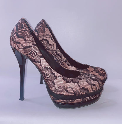 BLACK/PINK LACE LOOK HIGH HEELS