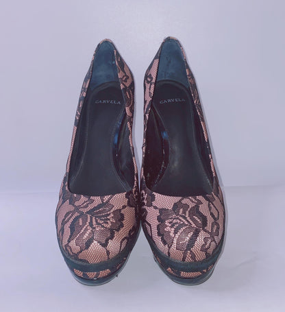 BLACK/PINK LACE LOOK HIGH HEELS