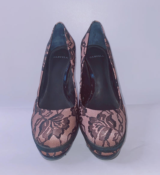 BLACK/PINK LACE LOOK HIGH HEELS