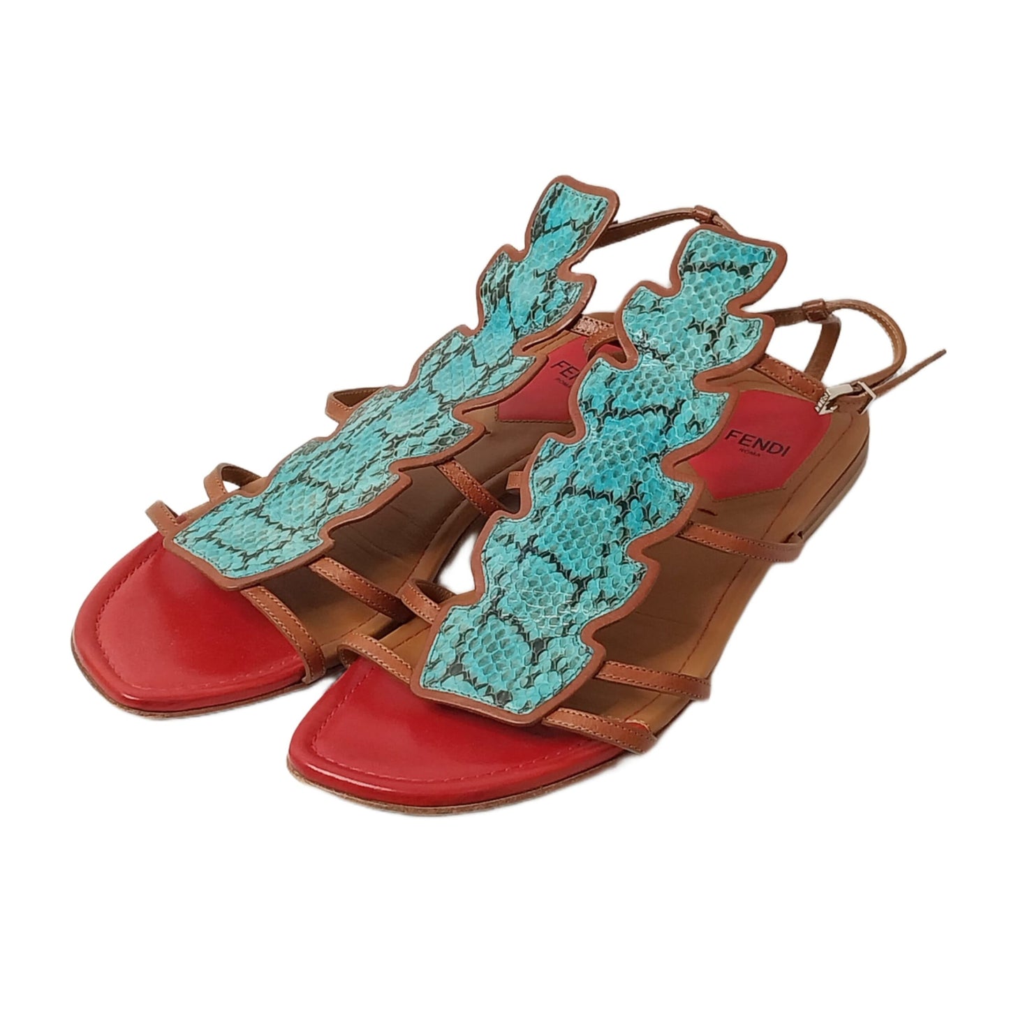 BLUE/RED PHYTHON STRAPPY FLAT SANDALS 38