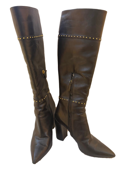 BLACK LEATHER KNEE HIGH BOOTS 38