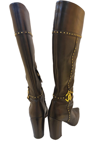 BLACK LEATHER KNEE HIGH BOOTS 38