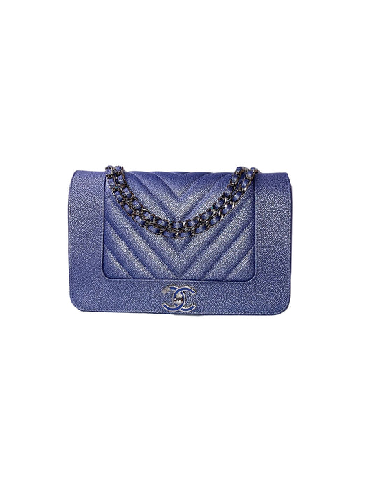 BLUE CAVIAR CHEVRON LEATHER VINTAGE MADEMOISELLE WALLET ON CHAIN