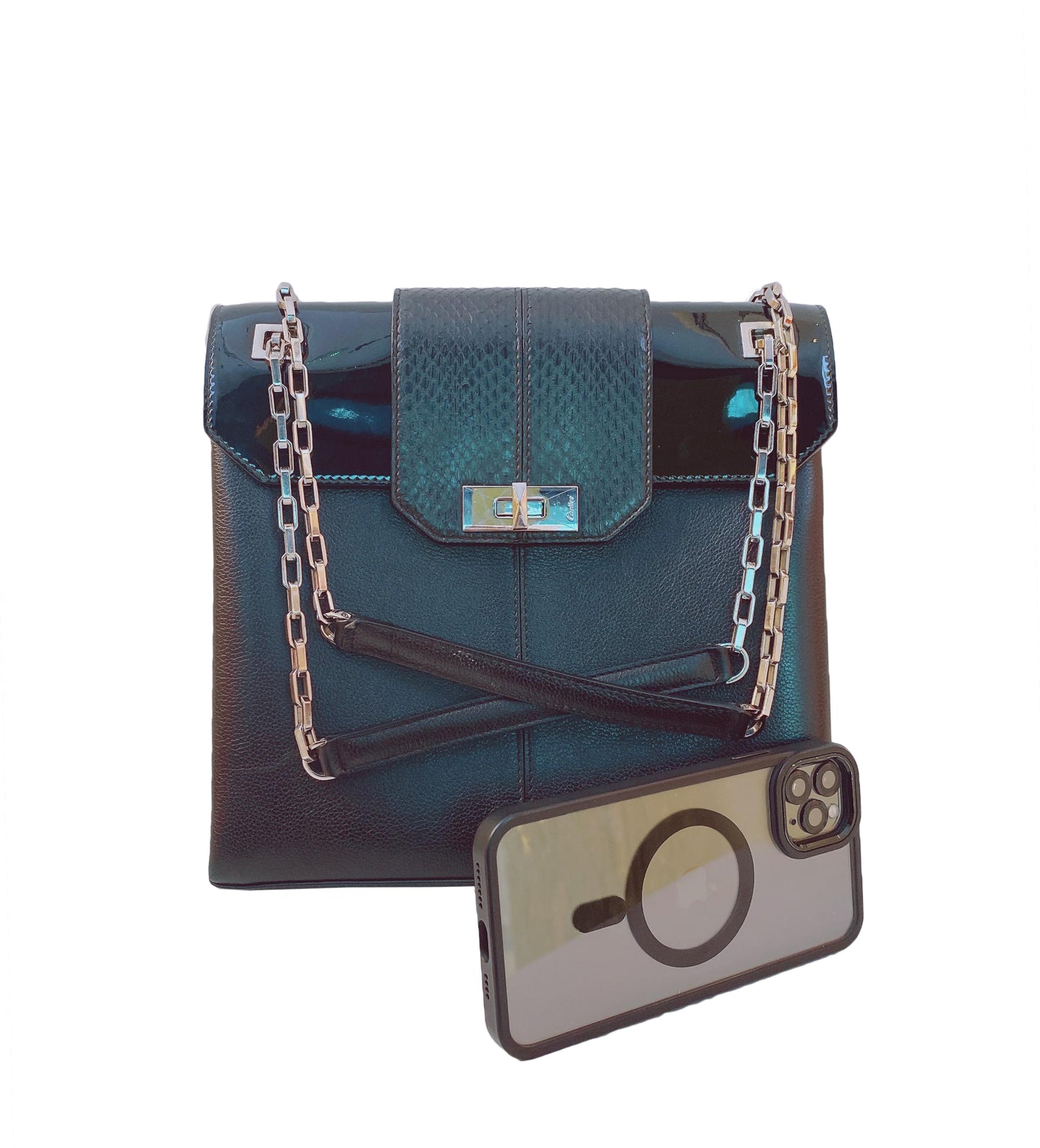 BLACK LEATHER/PATENT AND SNAKESKIN FEMININE LINE CHAIN BAG