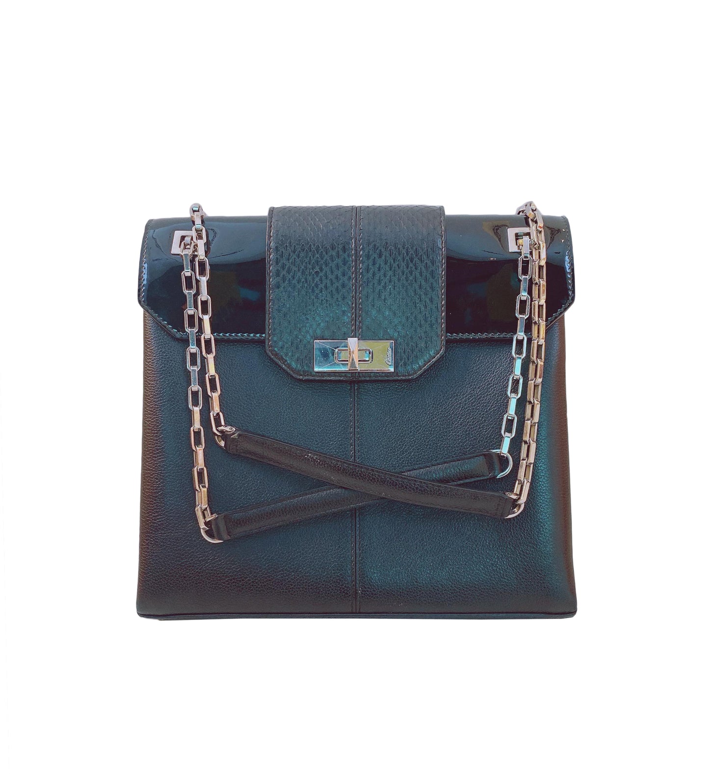 BLACK LEATHER/PATENT AND SNAKESKIN FEMININE LINE CHAIN BAG