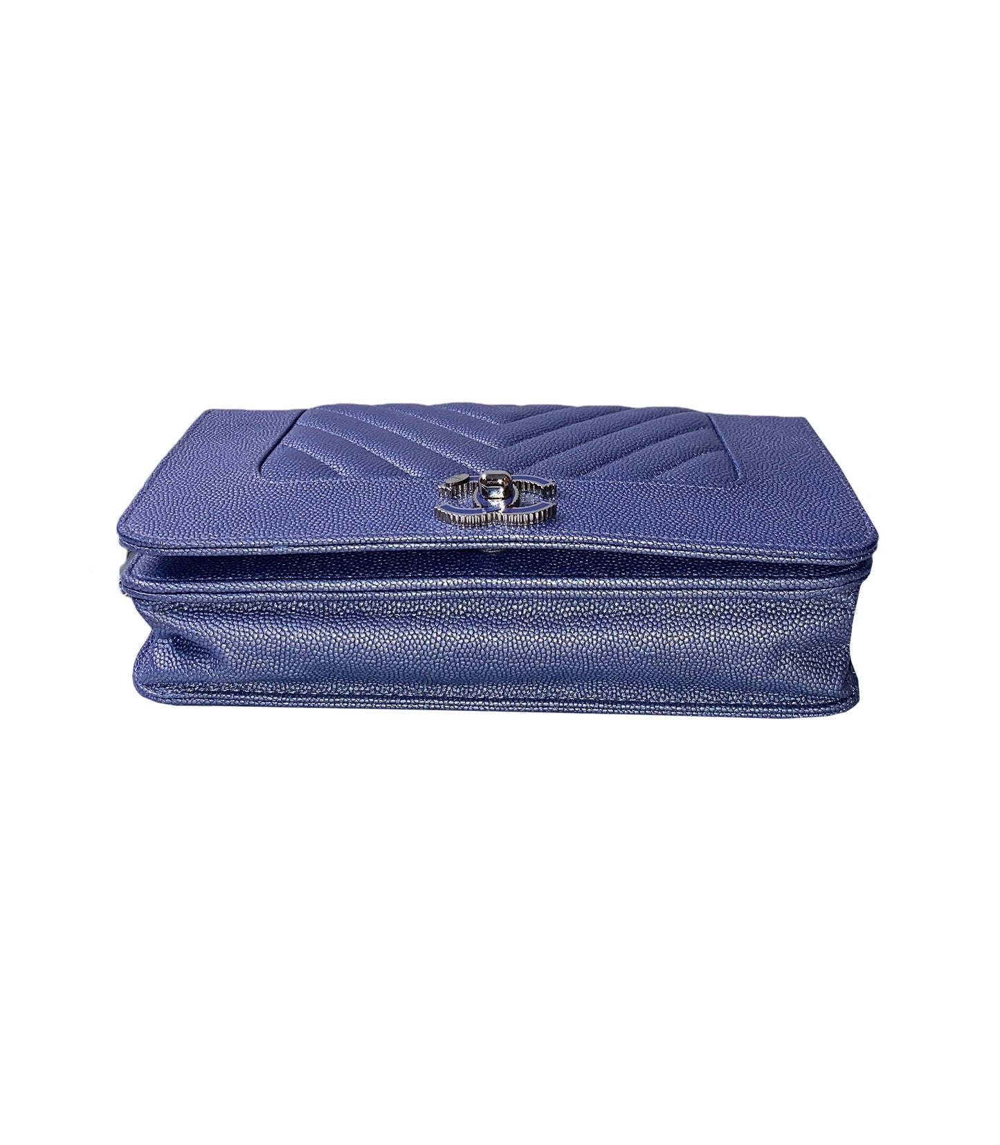 BLUE CAVIAR CHEVRON LEATHER VINTAGE MADEMOISELLE WALLET ON CHAIN