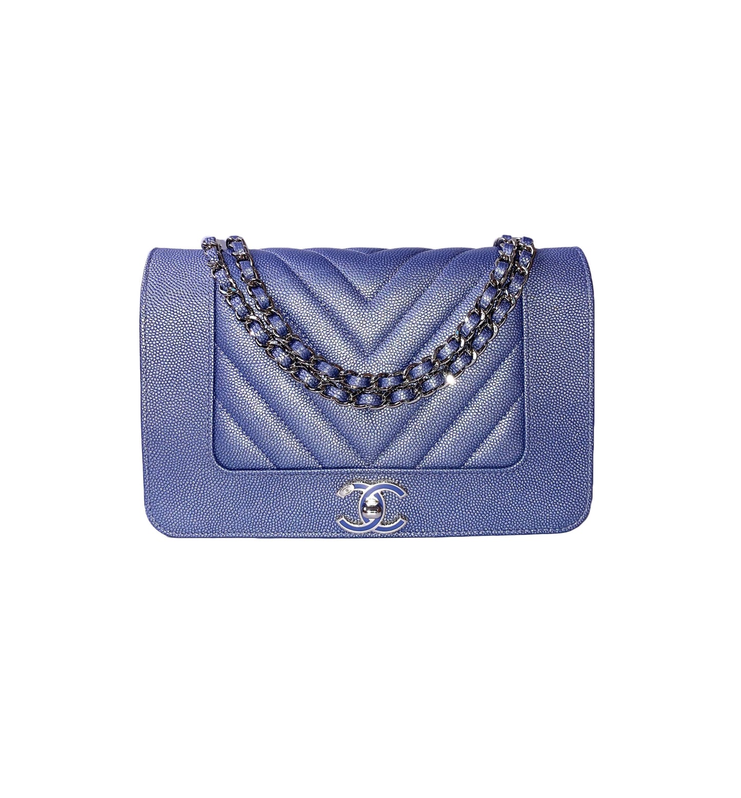 BLUE CAVIAR CHEVRON LEATHER VINTAGE MADEMOISELLE WALLET ON CHAIN