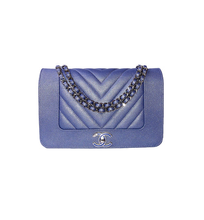 BLUE CAVIAR CHEVRON LEATHER VINTAGE MADEMOISELLE WALLET ON CHAIN
