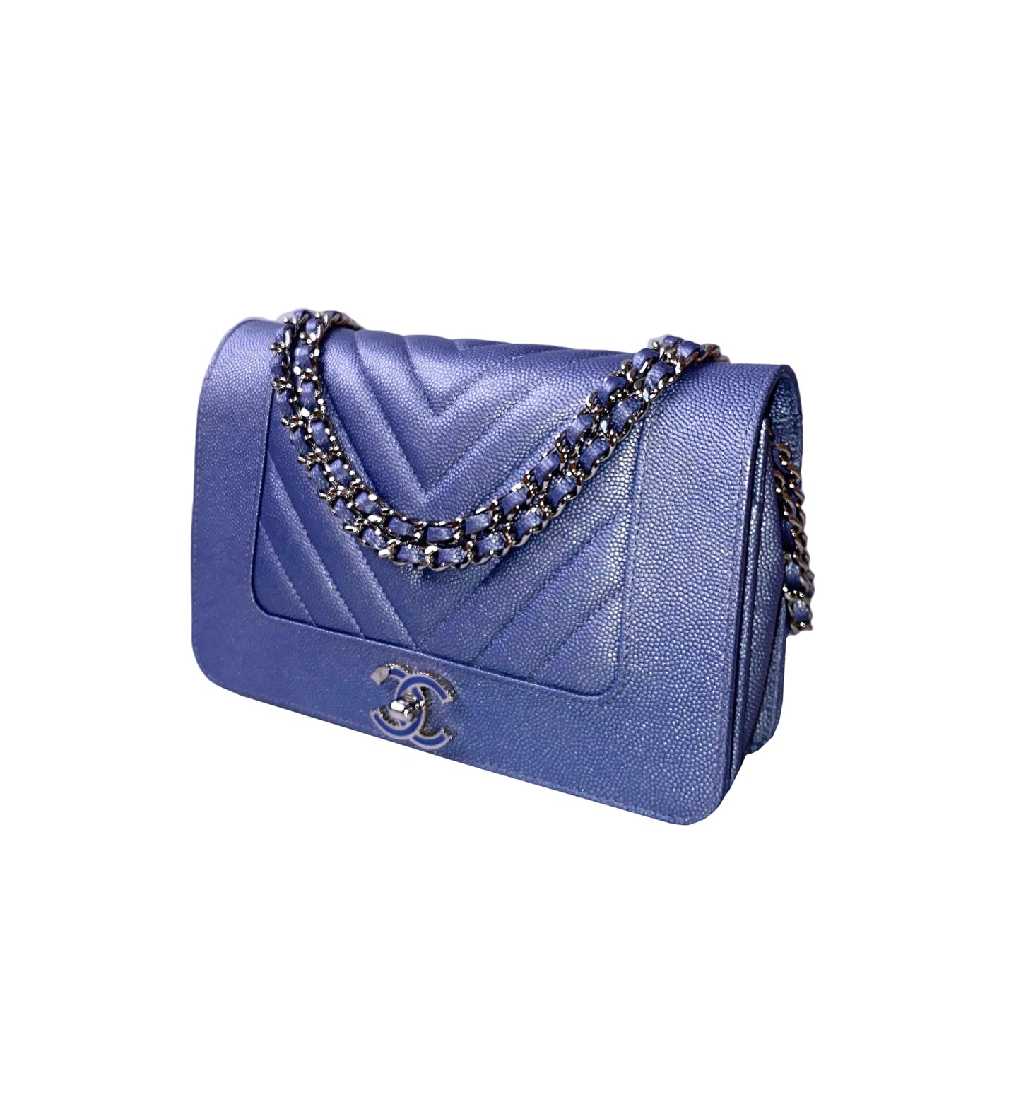 BLUE CAVIAR CHEVRON LEATHER VINTAGE MADEMOISELLE WALLET ON CHAIN