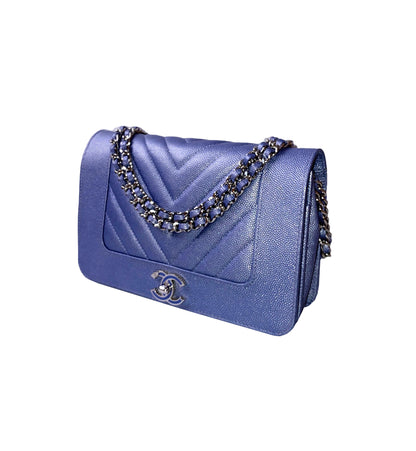 BLUE CAVIAR CHEVRON LEATHER VINTAGE MADEMOISELLE WALLET ON CHAIN