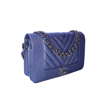 BLUE CAVIAR CHEVRON LEATHER VINTAGE MADEMOISELLE WALLET ON CHAIN