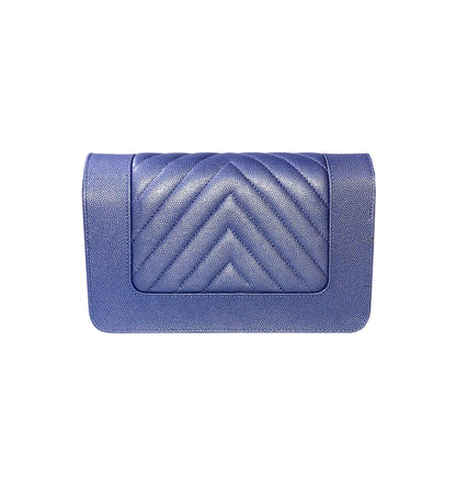 BLUE CAVIAR CHEVRON LEATHER VINTAGE MADEMOISELLE WALLET ON CHAIN