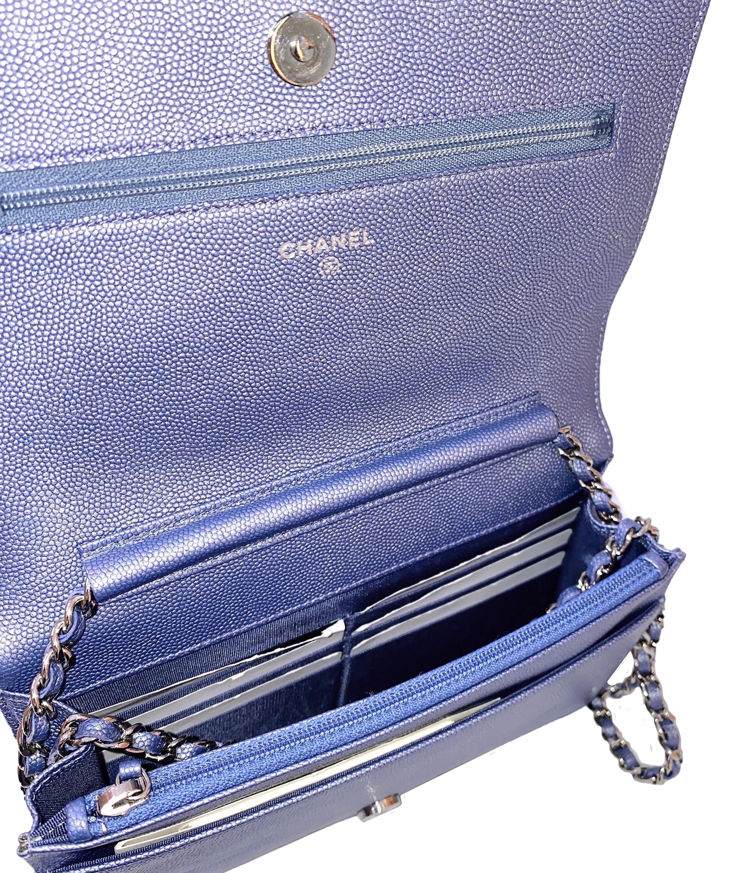 BLUE CAVIAR CHEVRON LEATHER VINTAGE MADEMOISELLE WALLET ON CHAIN