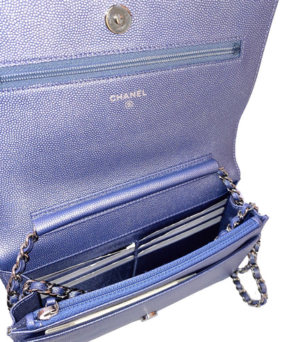 BLUE CAVIAR CHEVRON LEATHER VINTAGE MADEMOISELLE WALLET ON CHAIN
