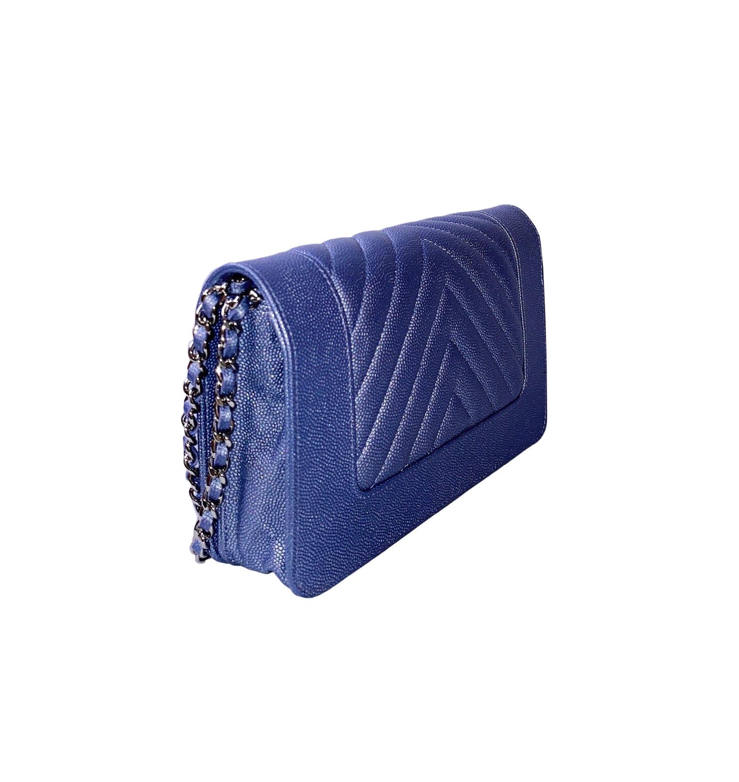 BLUE CAVIAR CHEVRON LEATHER VINTAGE MADEMOISELLE WALLET ON CHAIN