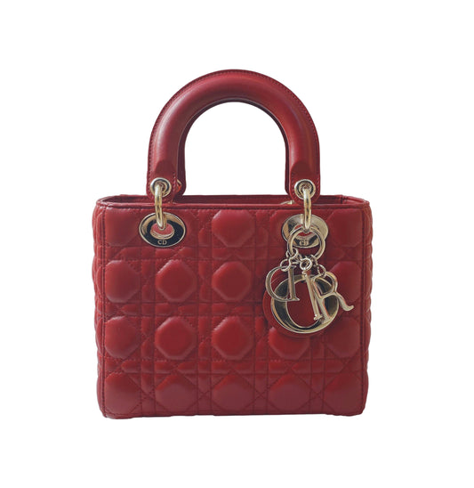 RED CANNAGE LEATHER SMALL LADY DIOR HANDBAG