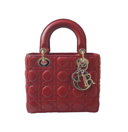 RED CANNAGE LEATHER SMALL LADY DIOR HANDBAG