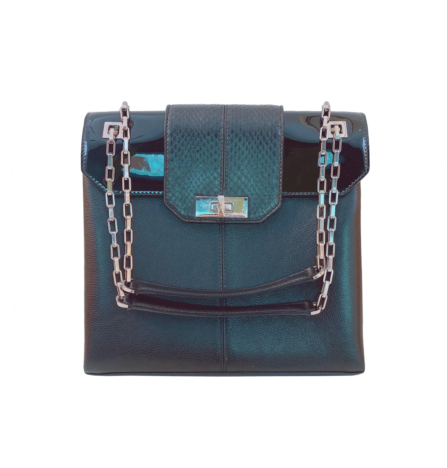 BLACK LEATHER/PATENT AND SNAKESKIN FEMININE LINE CHAIN BAG