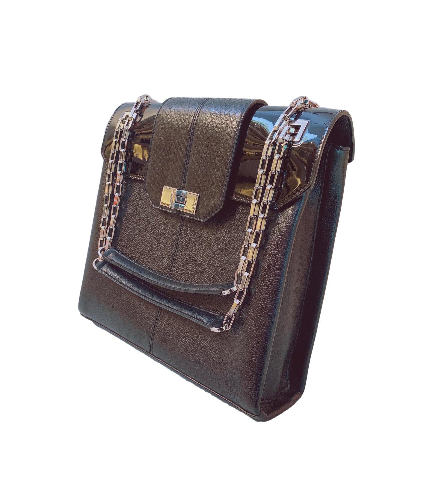 BLACK LEATHER/PATENT AND SNAKESKIN FEMININE LINE CHAIN BAG