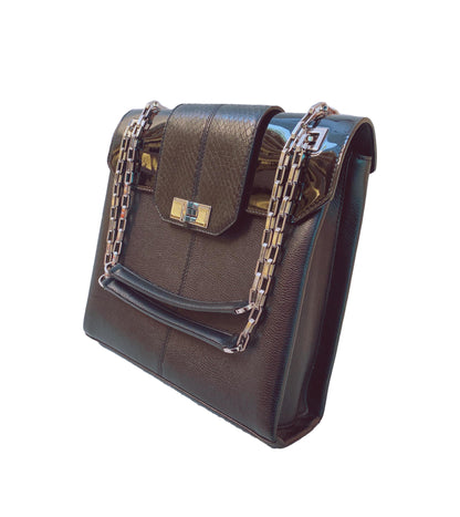 BLACK LEATHER/PATENT AND SNAKESKIN FEMININE LINE CHAIN BAG