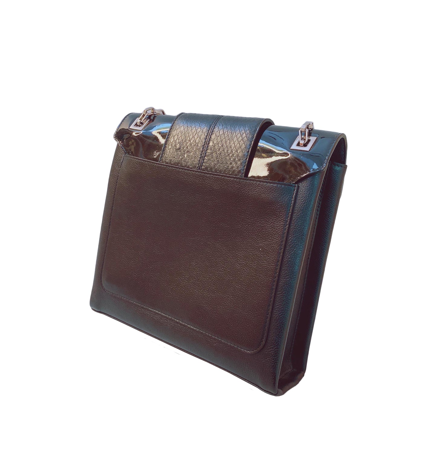 BLACK LEATHER/PATENT AND SNAKESKIN FEMININE LINE CHAIN BAG