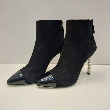 BLACK SUEDE & PATENT LEATHER  PEARL ANKLE BOOTS