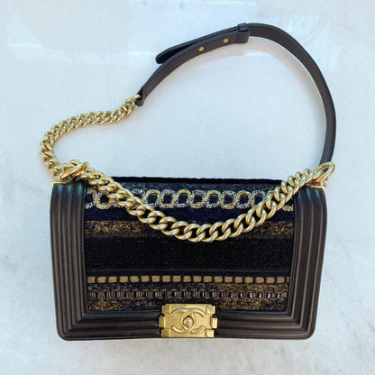 BLACK LEATHER BRAIDED TWEED MEDIUM BOY HANDBAG