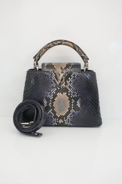 NAVY BLUE AND BEIGE PYTHON LEATHER CAPUCINES BB HANDBAG