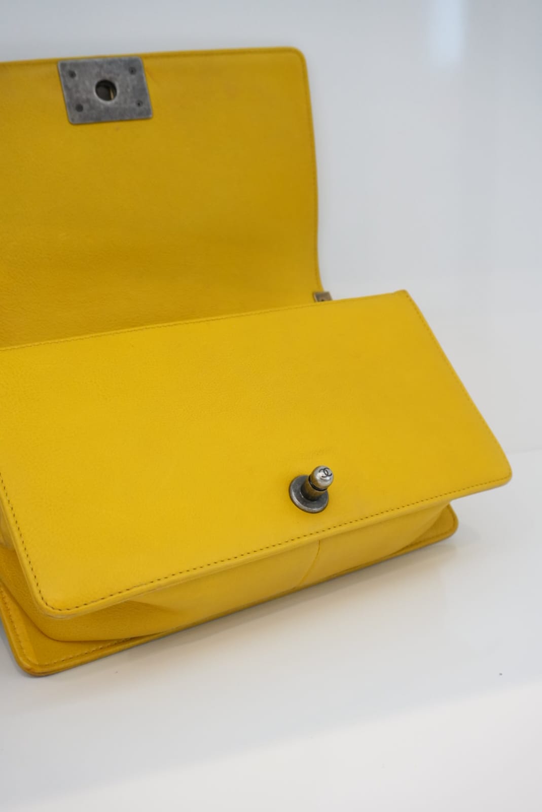 YELLOW GRAINED CALFSKIN LEATHER MEDIUM BOY BAG
