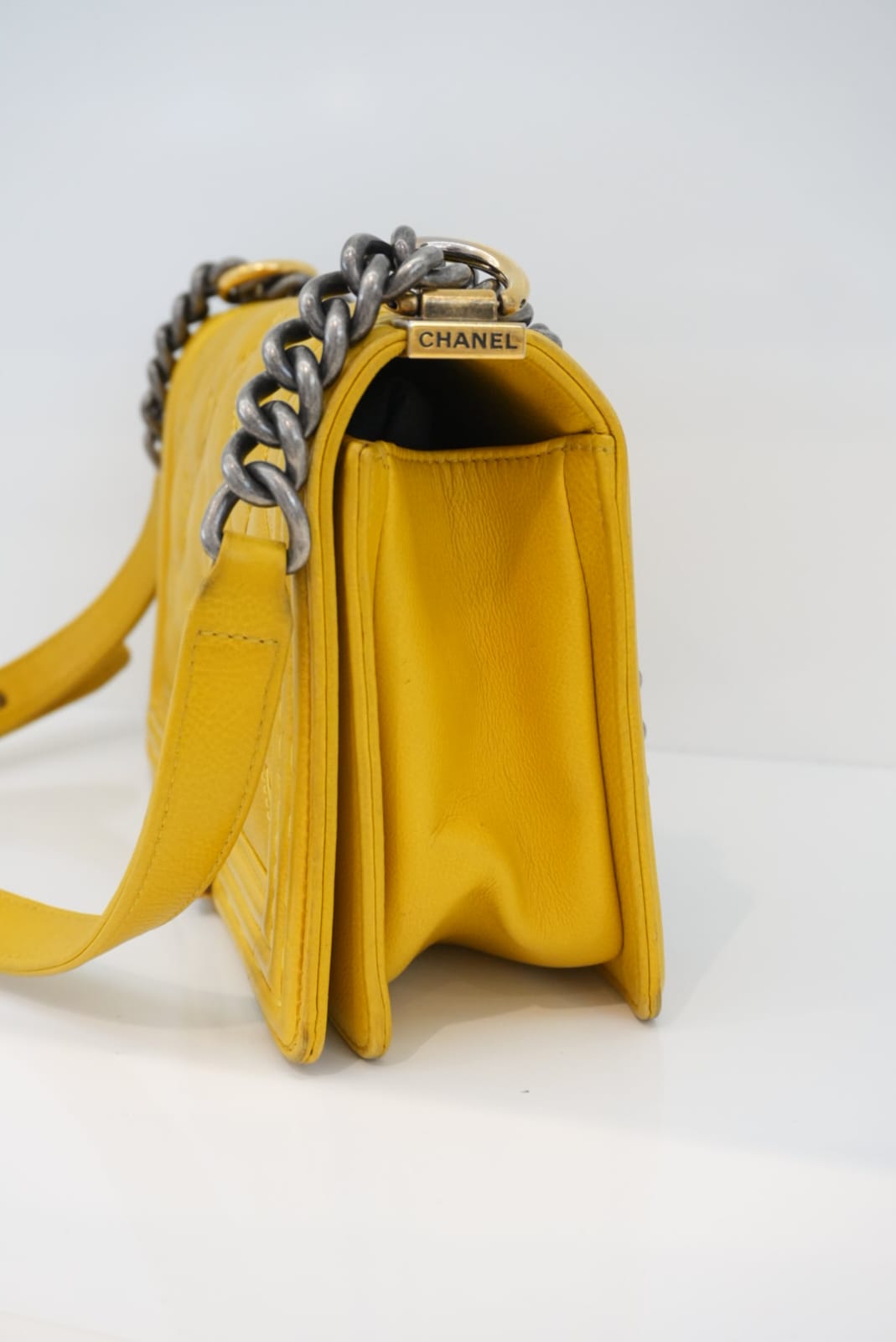 YELLOW GRAINED CALFSKIN LEATHER MEDIUM BOY BAG