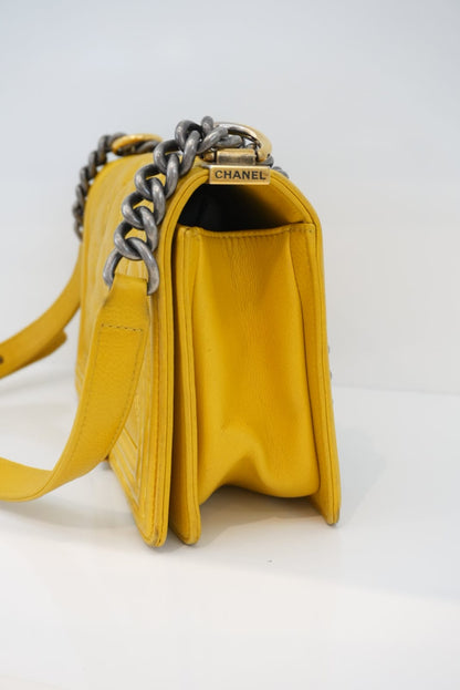 YELLOW GRAINED CALFSKIN LEATHER MEDIUM BOY BAG
