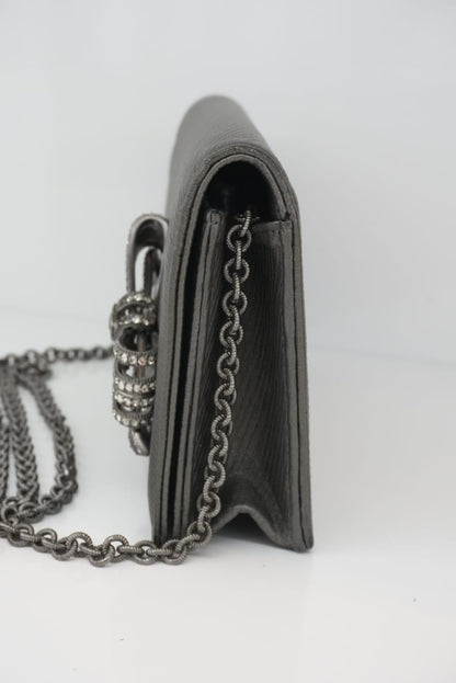 METALLIC DARK GRAY CC CRYSTAL BOW CHAIN EVENING BAG