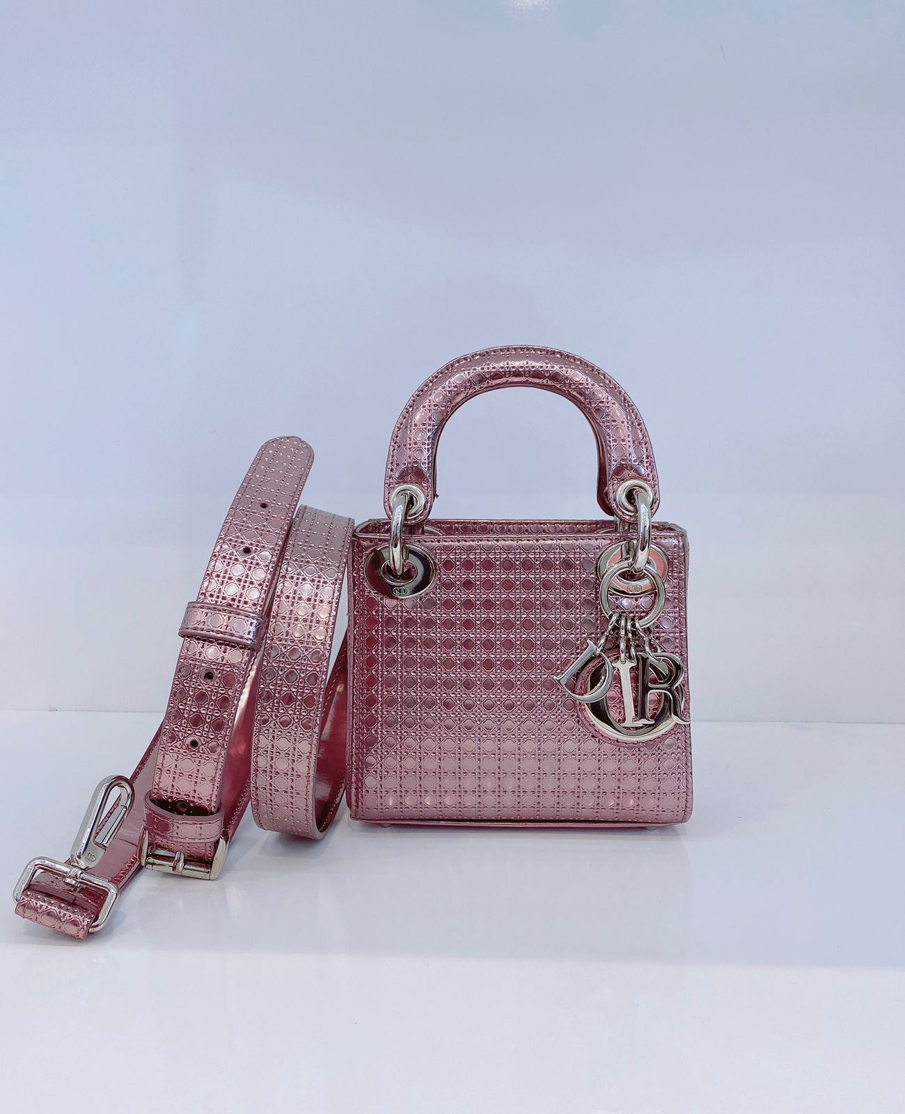 METALLIC PINK LEATHER MICRO LADY DIOR TOTE BAG