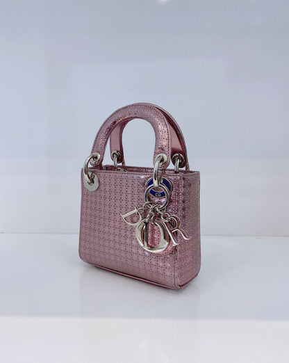 METALLIC PINK LEATHER MICRO LADY DIOR TOTE BAG