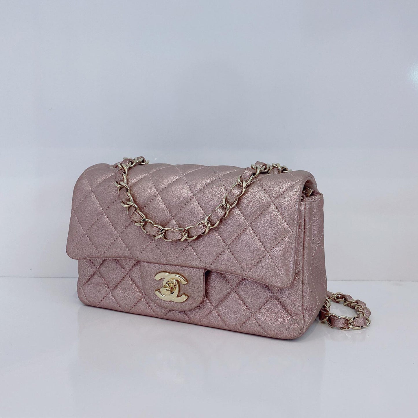 PINK METALLIC GOATSKIN QUILTED MINI RECTANGULAR CLASSIC FLAP BAG