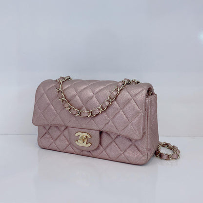 PINK METALLIC GOATSKIN QUILTED MINI RECTANGULAR CLASSIC FLAP BAG