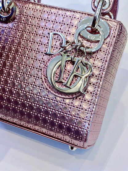 METALLIC PINK LEATHER MICRO LADY DIOR TOTE BAG